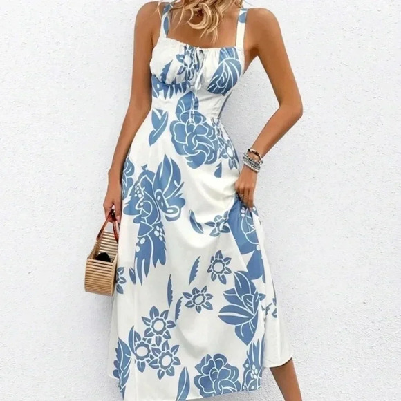 Boho Women's Floral Print Cami Dress Blue & White - Picture 1 of 5